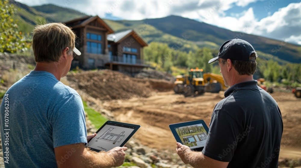 Obraz premium Two men reviewing construction plans on tablets at a building site with machinery in the background.