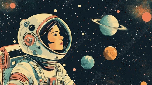 A female astronaut gazes out at the stars and planets in a vintage-inspired illustration.