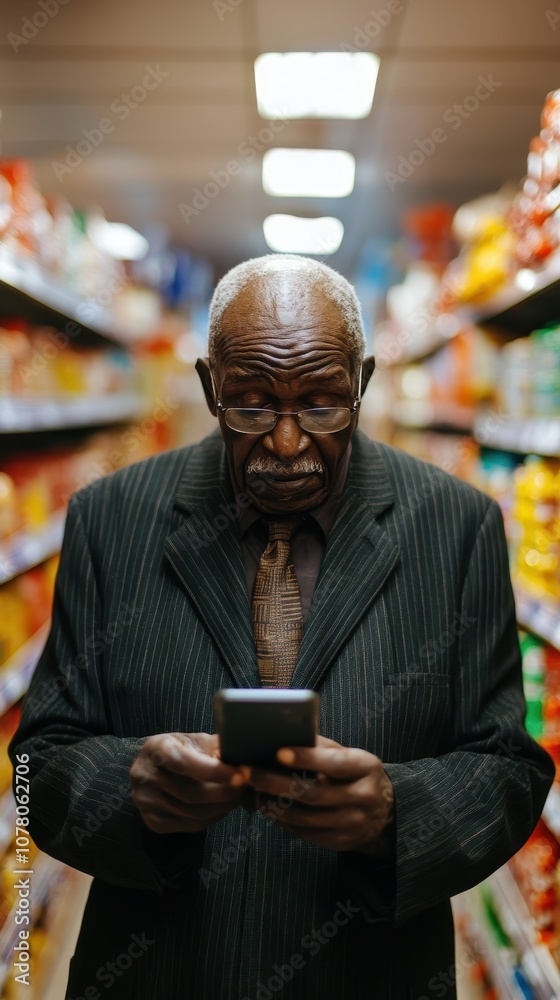 An elderly African man is focused on his smartphone in a busy grocery store aisle An elderly African man is focused on his smartphone in a busy grocery store aisle