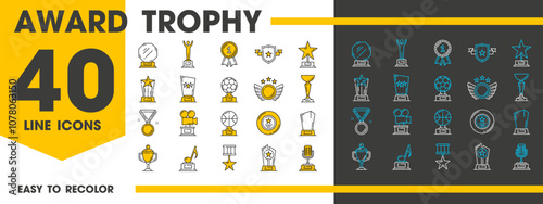 Award trophy line icons of winner cup goblet, reward prize and badge ribbons, vector pictograms. Award trophy icons and sport champion medal for soccer football, music or song and cinema victory cups