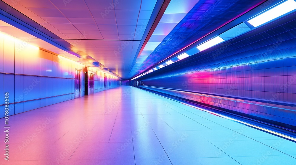 A brightly lit, futuristic subway tunnel with glowing neon lights and smooth, clean surfaces. A brightly lit, futuristic subway tunnel with glowing neon lights and smooth, clean surfaces.