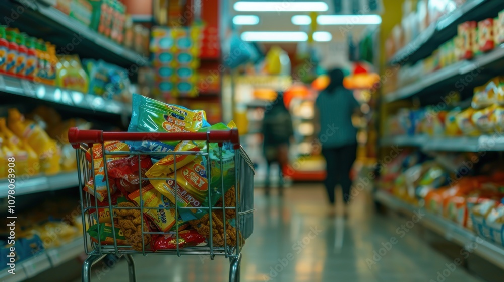 A shopping cart filled with assorted snacks sits in a lively grocery aisle, with shoppers browsing nearby A shopping cart filled with assorted snacks sits in a lively grocery aisle, with shoppers browsing nearby