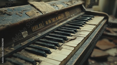 An old, dusty piano with worn keys, showcasing neglect and the passage of time.