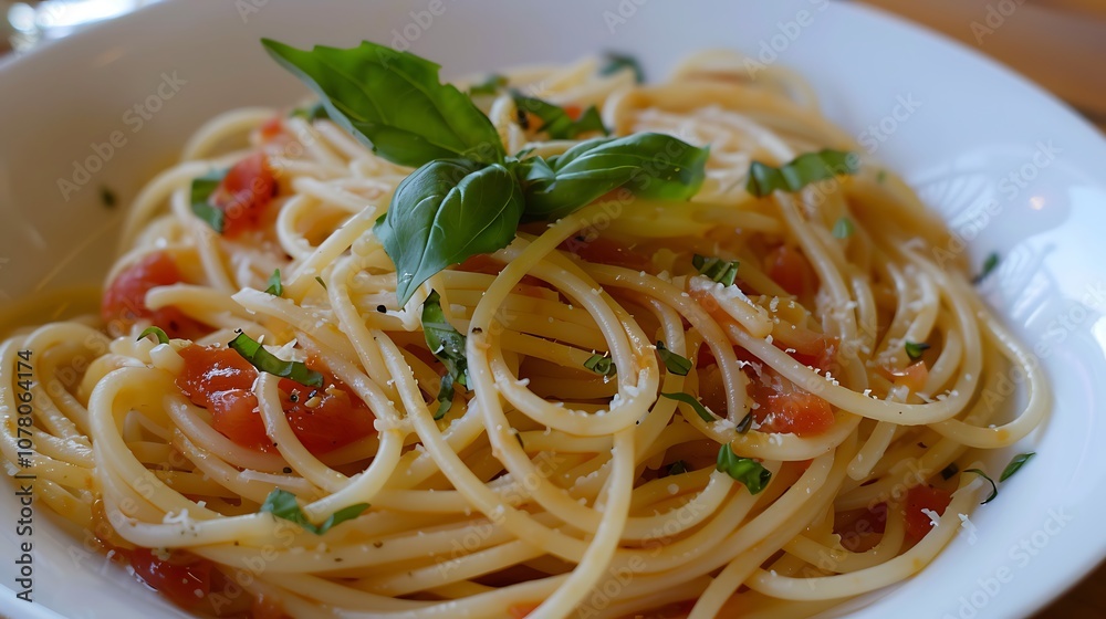 Lunching on pasta with tomato sauce and basil Lunching on pasta with tomato sauce and basil