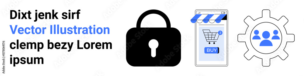 Black lock in center, online store with BUY button on right, gear with users on far right. Ideal for cybersecurity, e-commerce, online privacy, user management, IT infrastructure, software Black lock in center, online store with BUY button on right, gear with users on far right. Ideal for cybersecurity, e-commerce, online privacy, user management, IT infrastructure, software