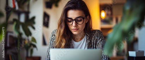 A young woman focused on her laptop in a cozy, plant-filled workspace, the soft light of the late afternoon creating a warm atmosphere photo