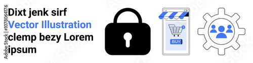 Black lock in center, online store with BUY button on right, gear with users on far right. Ideal for cybersecurity, e-commerce, online privacy, user management, IT infrastructure, software