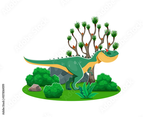 Allosaurus prehistoric dinosaur character. Cartoon cute dino animal personage on jurassic park nature landscape vector background. Funny theropod dinosaur with prehistoric tree, cactus and green grass