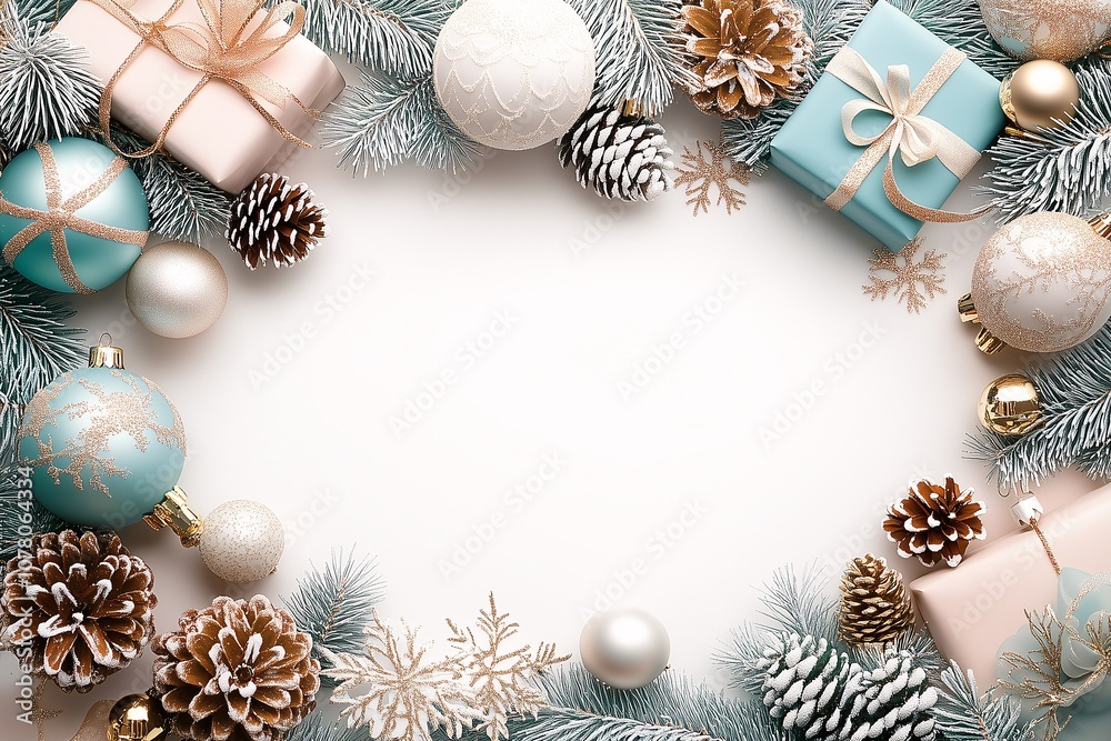Weihnachtsstimmung mit Geschenken, Christbaumkugeln und Tannenzapfen, Weihnachtlicher Rahmen in beige blaum für Einladung und Grußkarte Weihnachtsstimmung mit Geschenken, Christbaumkugeln und Tannenzapfen, Weihnachtlicher Rahmen in beige blaum für Einladung und Grußkarte