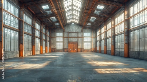 Spacious industrial interior with natural light and large windows.