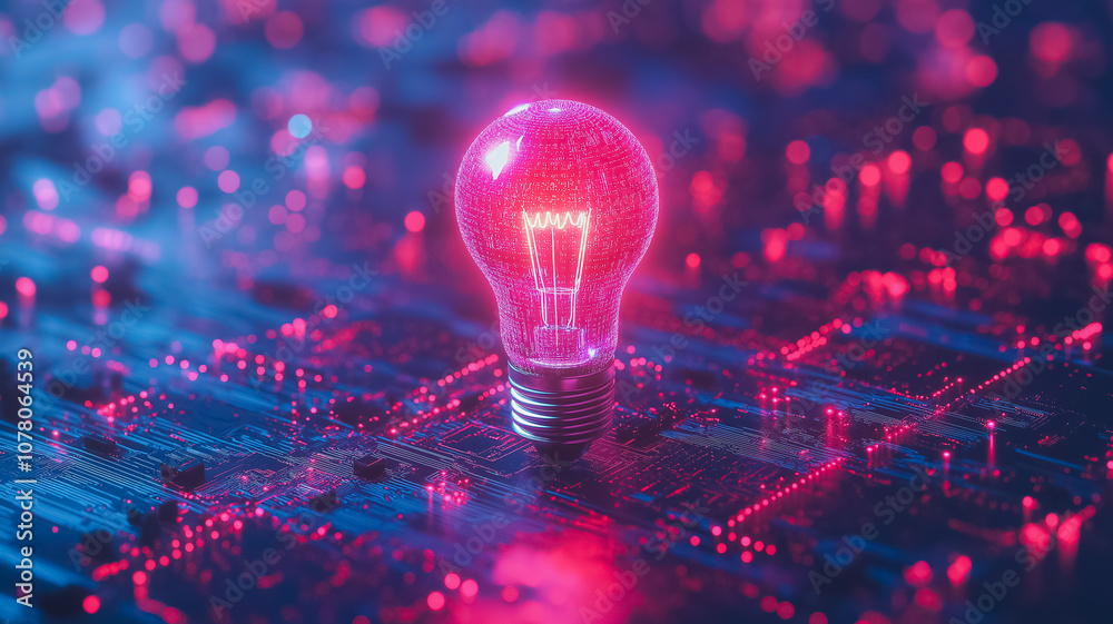 A light bulb is lit up on a blue and red background. The light bulb is surrounded by a lot of other lights, creating a bright and colorful scene. Scene is energetic and lively A light bulb is lit up on a blue and red background. The light bulb is surrounded by a lot of other lights, creating a bright and colorful scene. Scene is energetic and lively