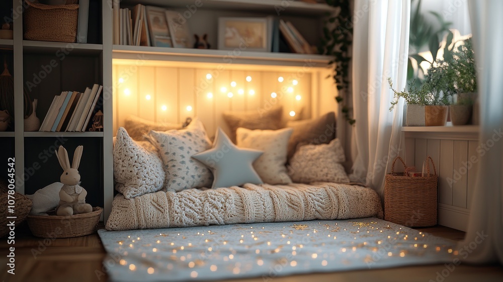 Obraz premium Cozy reading nook with soft cushions, fairy lights, and a warm atmosphere.