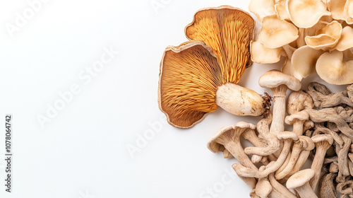 Variety of fresh mushrooms including chanterelles and oyster mushrooms on a white background. The image showcases different shapes and textures of the fungi. photo