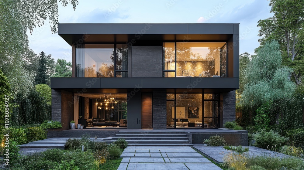 Modern house with large windows and landscaped garden. Modern house with large windows and landscaped garden.