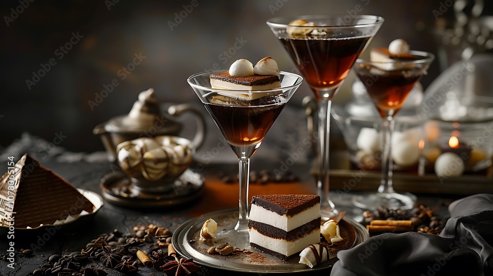 Luxurious and delicious stacked serve with cream mozzarella tea and cacao known as martini Luxurious and delicious stacked serve with cream mozzarella tea and cacao known as martini