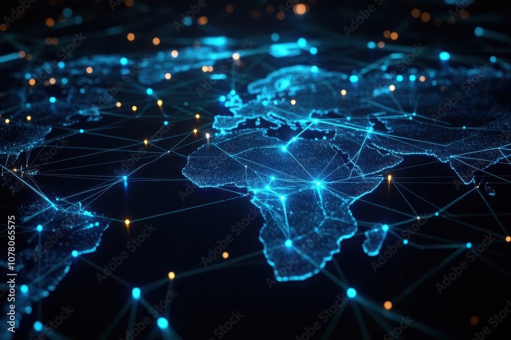 A digital rendering of a global map interconnected by glowing blue lines and nodes A digital rendering of a global map interconnected by glowing blue lines and nodes