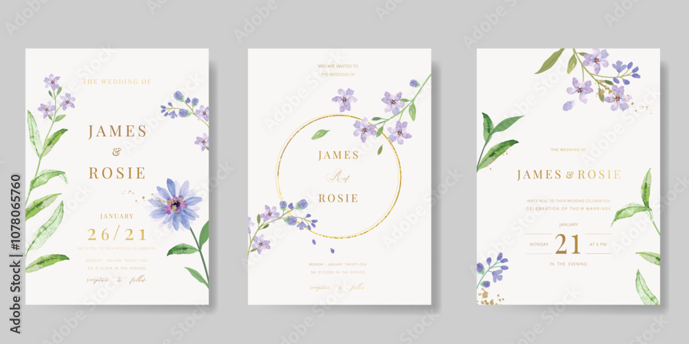 Elegant wedding invitation card background vector. Minimal hand painted purple and blue watercolor botanical flowers texture. Design illustration for wedding, vip cover, poster, rsvp modern card. Elegant wedding invitation card background vector. Minimal hand painted purple and blue watercolor botanical flowers texture. Design illustration for wedding, vip cover, poster, rsvp modern card.