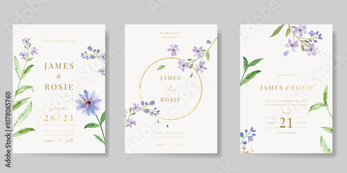 Elegant wedding invitation card background vector. Minimal hand painted purple and blue watercolor botanical flowers texture. Design illustration for wedding, vip cover, poster, rsvp modern card.