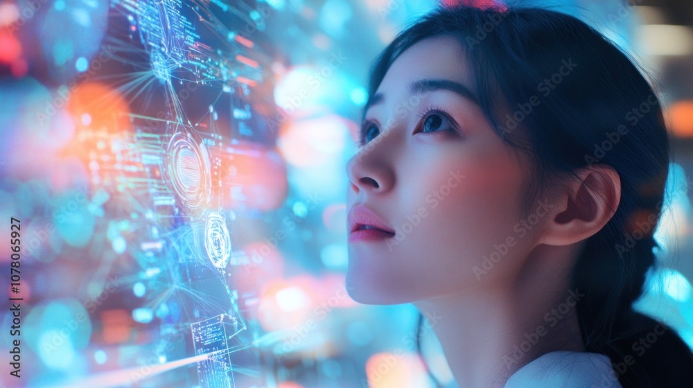 A woman gazes at a digital interface filled with vibrant data visuals. A woman gazes at a digital interface filled with vibrant data visuals.