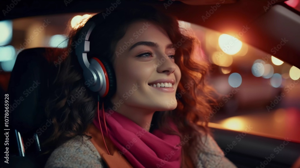 A woman enjoying music while driving at night, radiating happiness and relaxation.