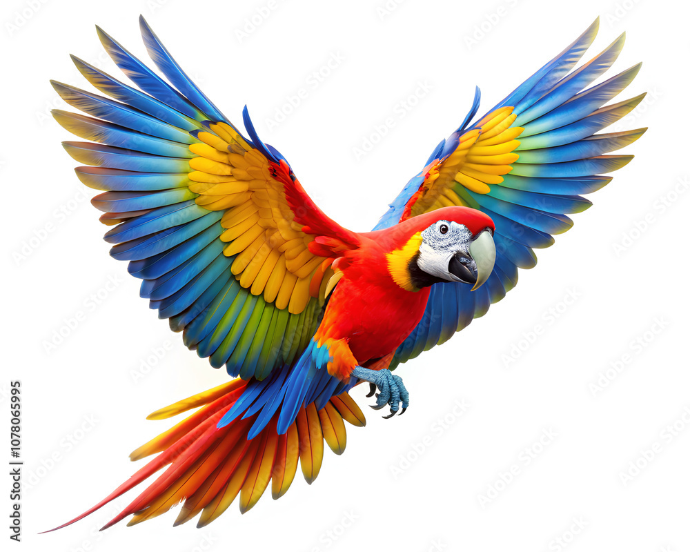 Obraz premium Flying macaw Parrot with vibrant on white background, Clipping path