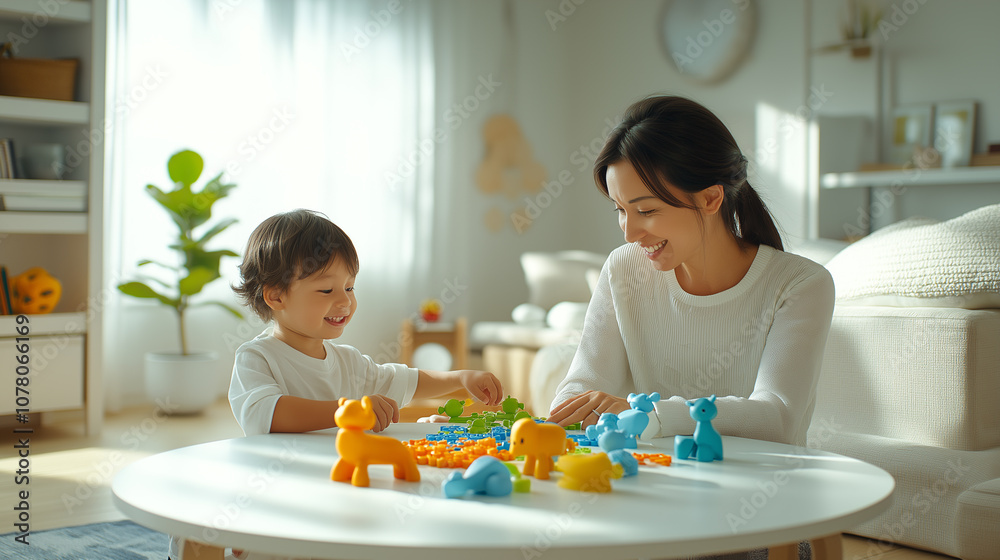 mother and her little child playing with colorful toys in a spacious room mother and her little child playing with colorful toys in a spacious room