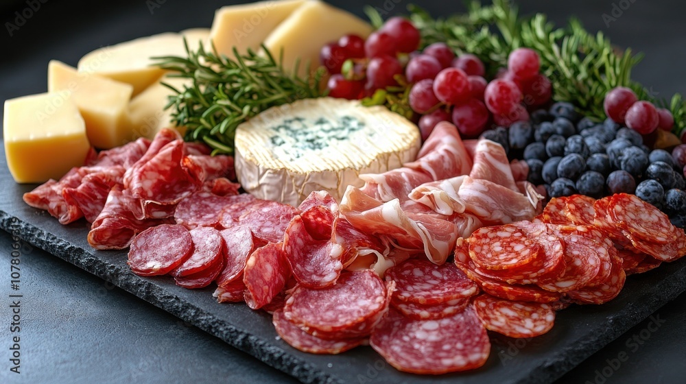 A colorful charcuterie board with meats, cheeses, and fruits. A colorful charcuterie board with meats, cheeses, and fruits.