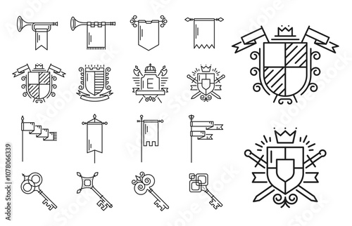 Medieval line heraldry. Vector shield, crest and coat of arms vintage heraldic set with outline royal crowns, knight swords and ornate ribbon banners. King flags, keys, victorian ornaments and wreaths