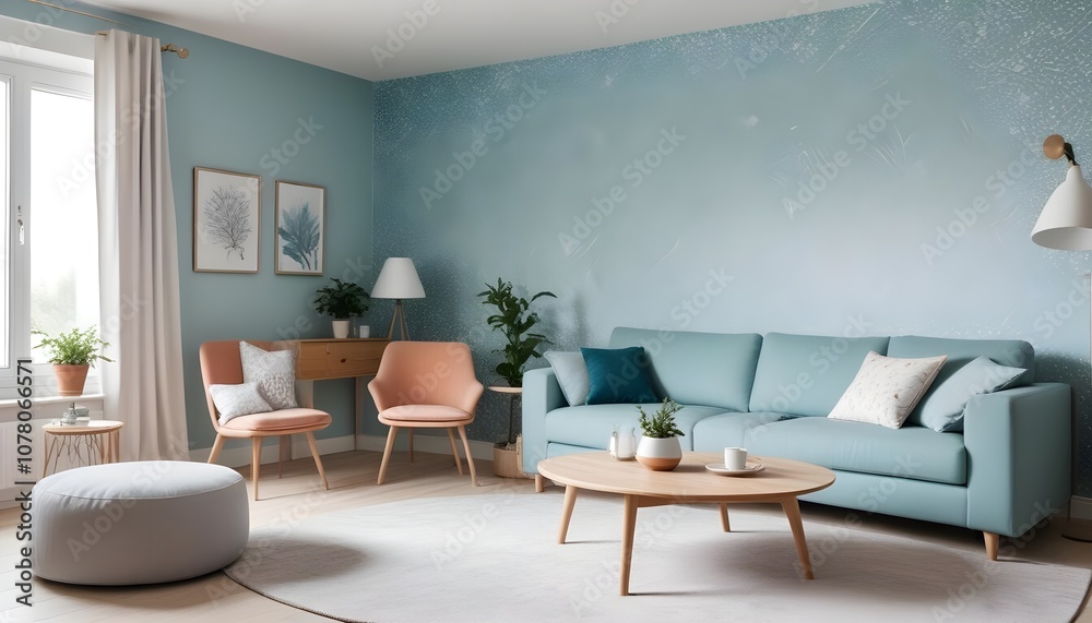 Scandinavian living room interior design zoom background,Doodle patterned wallpaper graphics Scandinavian living room interior design zoom background,Doodle patterned wallpaper graphics