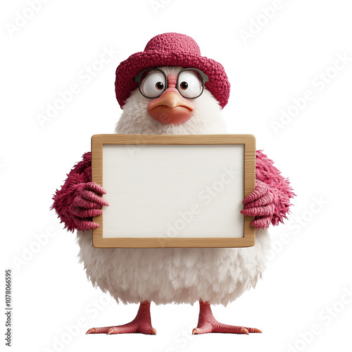 PNG cartoon turkey wearing a farmer's hat, holding an empty wooden sign, perfect for mockups. Ideal for Thanksgiving, seasonal greetings, or farm-themed projects,  photo