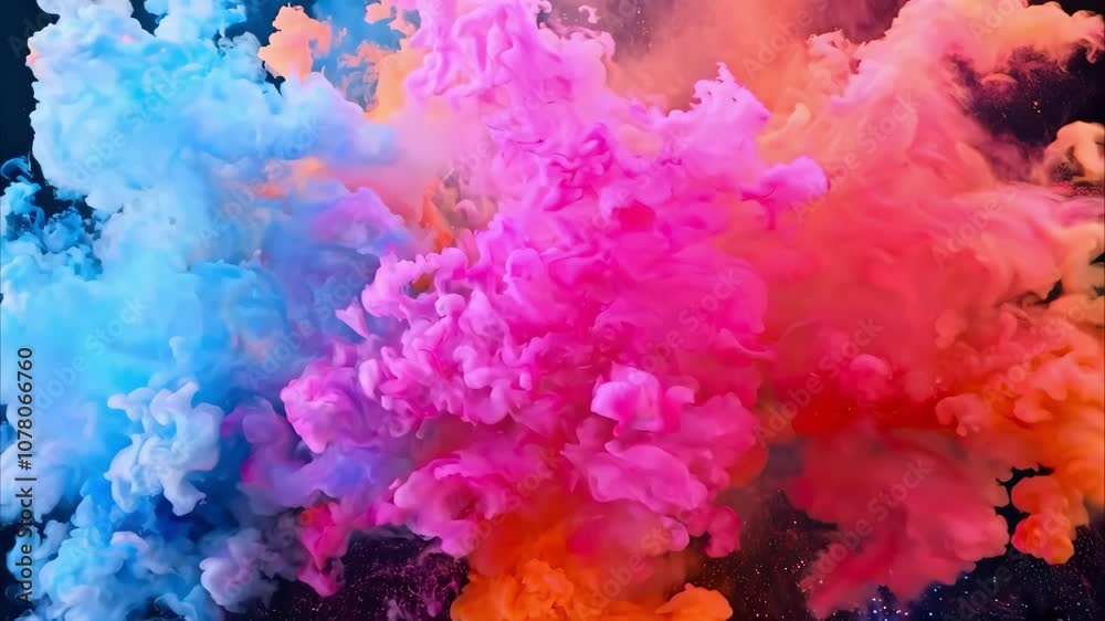 A dynamic explosion of vibrant colored smoke and particles against a dark background, creating a visually striking effect. A dynamic explosion of vibrant colored smoke and particles against a dark background, creating a visually striking effect.