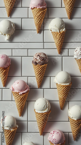 many ice cream cones laying on a subway tile backdrop, the image take from above like a flat lay. Different flavors of ice cream balls can be found in ice cream cones. photo