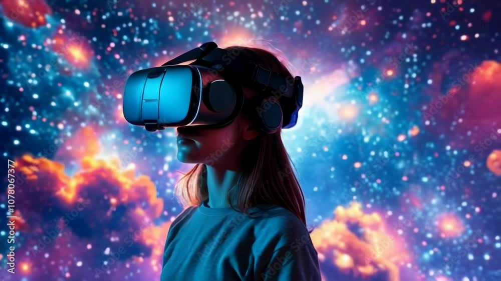 A person wearing a virtual reality headset is immersed in a vivid, colorful, and starry digital environment, suggesting an experience of space exploration or a virtual universe. A person wearing a virtual reality headset is immersed in a vivid, colorful, and starry digital environment, suggesting an experience of space exploration or a virtual universe.