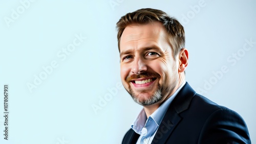 Professional Business Portrait of a Smiling Man in Blue Suit, Ideal for Corporate Websites, Marketing, and Professional Profiles photo