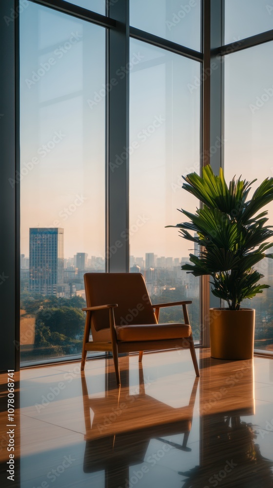 Bright modern interior with a wooden chair and potted plant overlooking a city skyline at sunset