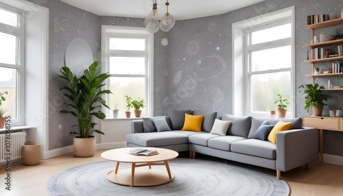 Scandinavian living room interior design zoom background,Doodle patterned wallpaper graphics