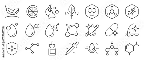 Beauty Benefit dietary supplements icon set. It included contexts such as vitamin, mineral, oil, cosmetic, properties, and more. Editable Vector Stroke. photo