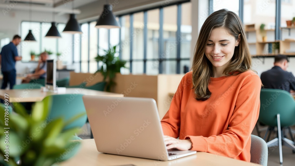Young Woman Working on Laptop in Modern Office Space, Ideal for Business and Technology Websites Young Woman Working on Laptop in Modern Office Space, Ideal for Business and Technology Websites