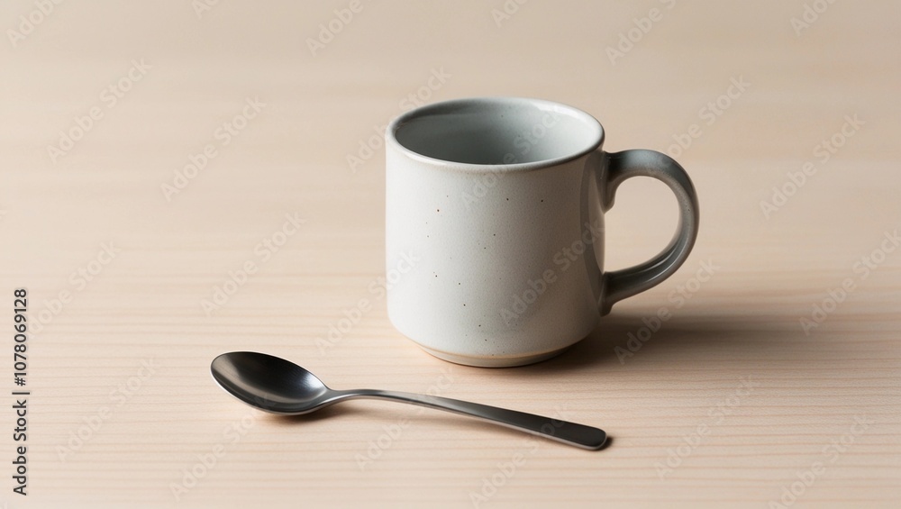 Empty Mug on Table. Empty Ceramic Mug on Light Wooden Table with Spoon. Empty Mug on Table. Empty Ceramic Mug on Light Wooden Table with Spoon.