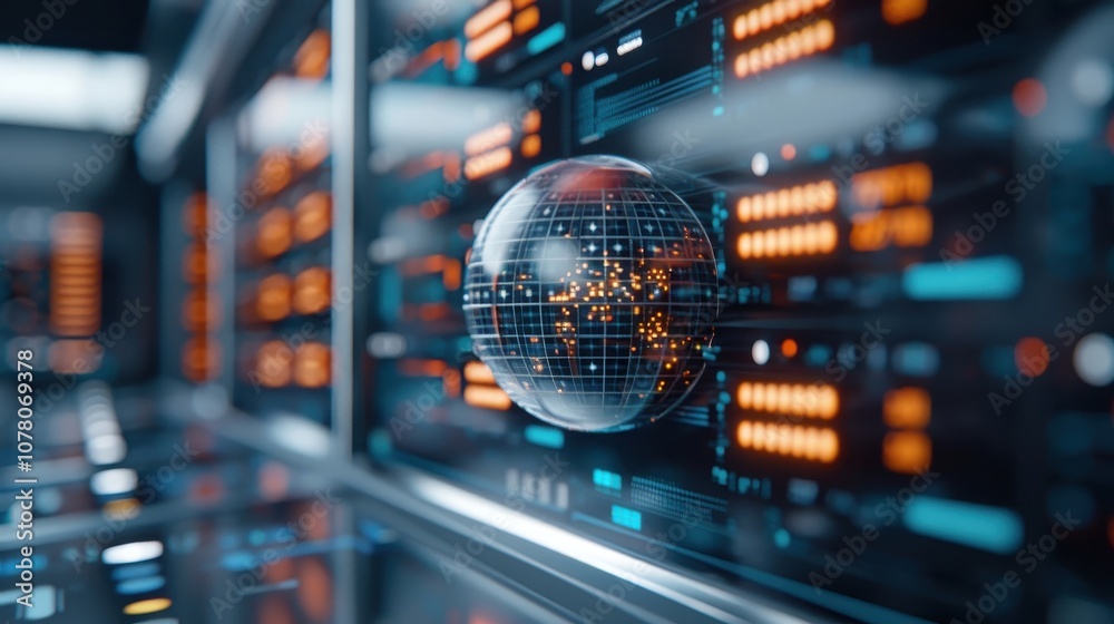 A futuristic control room with a central holographic globe. A futuristic control room with a central holographic globe.
