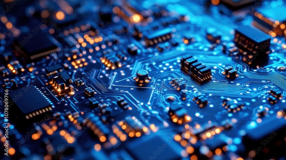 Close-up of a circuit board showcasing intricate electronic components and connections. Close-up of a circuit board showcasing intricate electronic components and connections.
