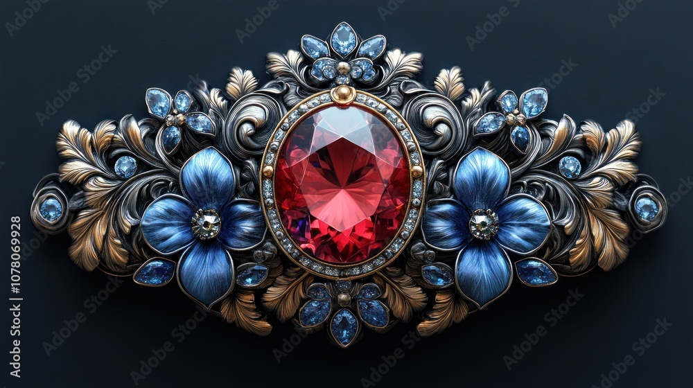 Ornate brooch featuring a large red gemstone and floral designs. Ornate brooch featuring a large red gemstone and floral designs.