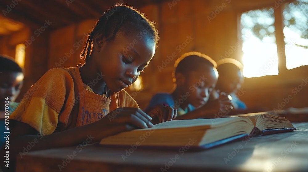 equality education volunteer service concept picture of underprivileged and poor black African primary student is reading text book while learning at school.