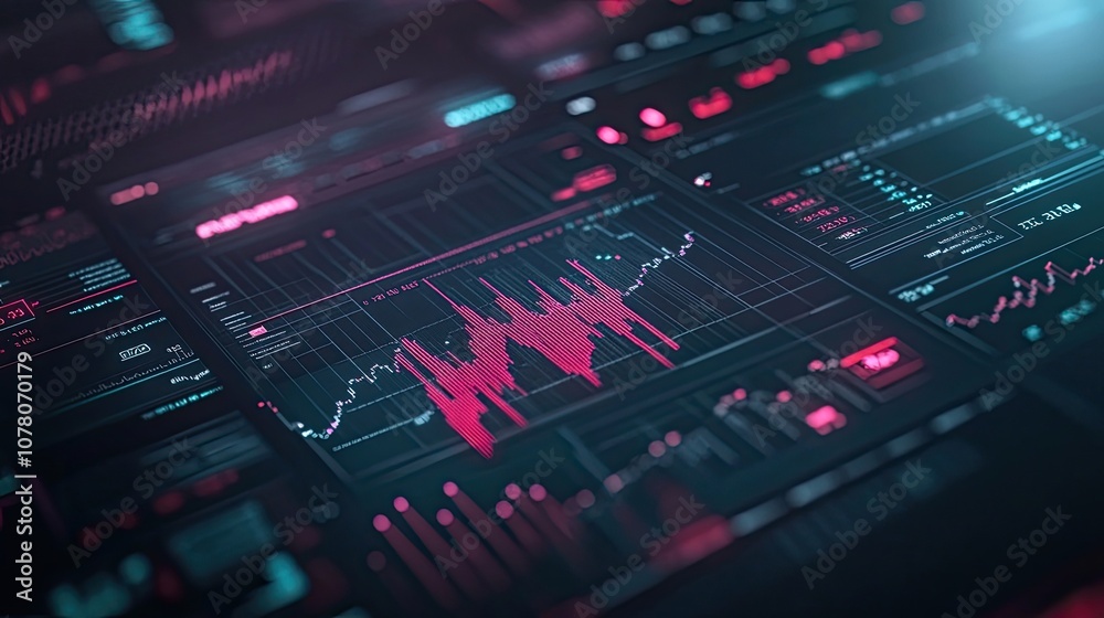 A close-up of a screen displaying financial data with a prominent pink line graph, illustrating market trends. A close-up of a screen displaying financial data with a prominent pink line graph, illustrating market trends.