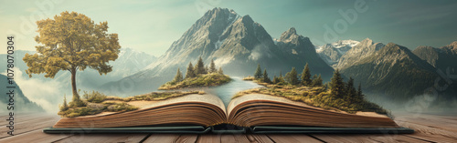 An open book reveals a magical scene of mountains, a river, and trees, blending literature with nature in a tranquil and imaginative setting