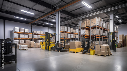  Modern high rack distribution warehouse, dining room and kitchen in a large industrial space