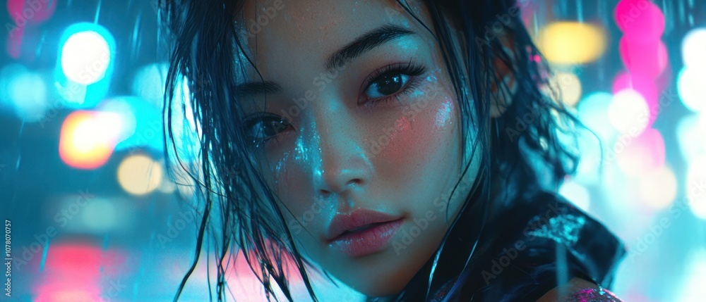 A close-up portrait of a woman in the rain, illuminated by colorful city lights. A close-up portrait of a woman in the rain, illuminated by colorful city lights.