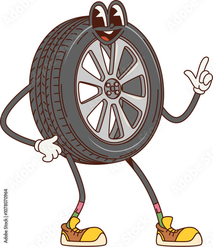 Cartoon retro groovy car tire character. Vehicle maintenance workshop happy groovy mascot or auto garage wheel cheerful cartoon character. Car repair service spare part cute isolated vector personage