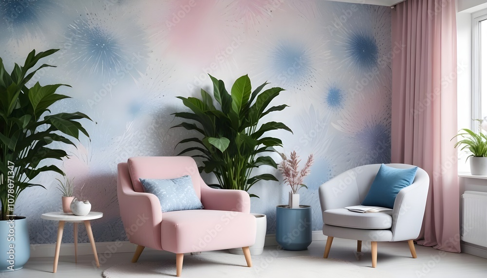 Scandinavian living room interior design zoom background,Doodle patterned wallpaper graphics
