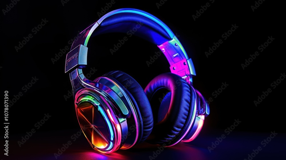 Colorful headphones glowing in dark studio Colorful headphones glowing in dark studio